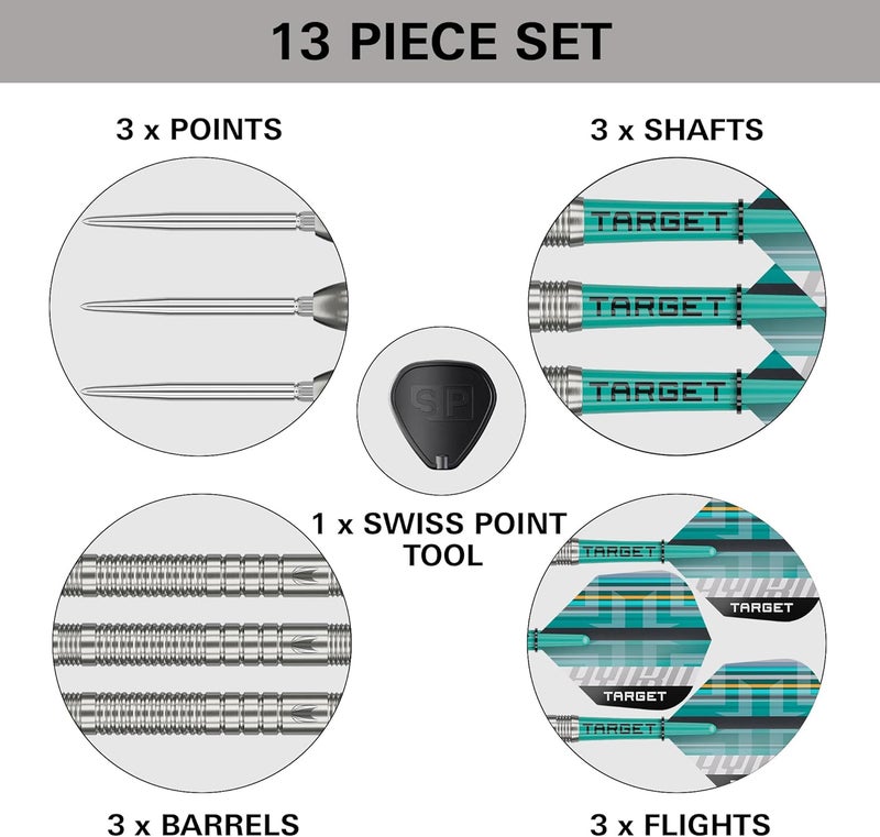 Target Darts مجموعة سهام هيدرو ستيل تيب، 21G/22G/23G/24G/25G/26G (برميل 01/02/03) | سهام تنگستن 90%، رؤوس سويسرية فضية، أعمدة برو جريب وتاج وأجنحة برو الترا رقم 6، أداة SP متضمنة - Image 4